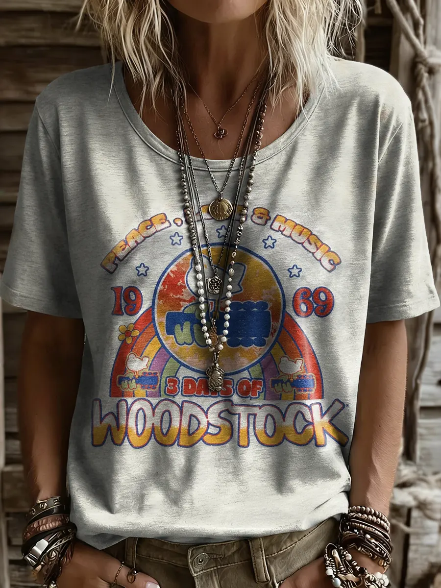 Women's Woodstock Art Print Casual Short-Sleeve Crew Neck Pure Cotton T-Shirt