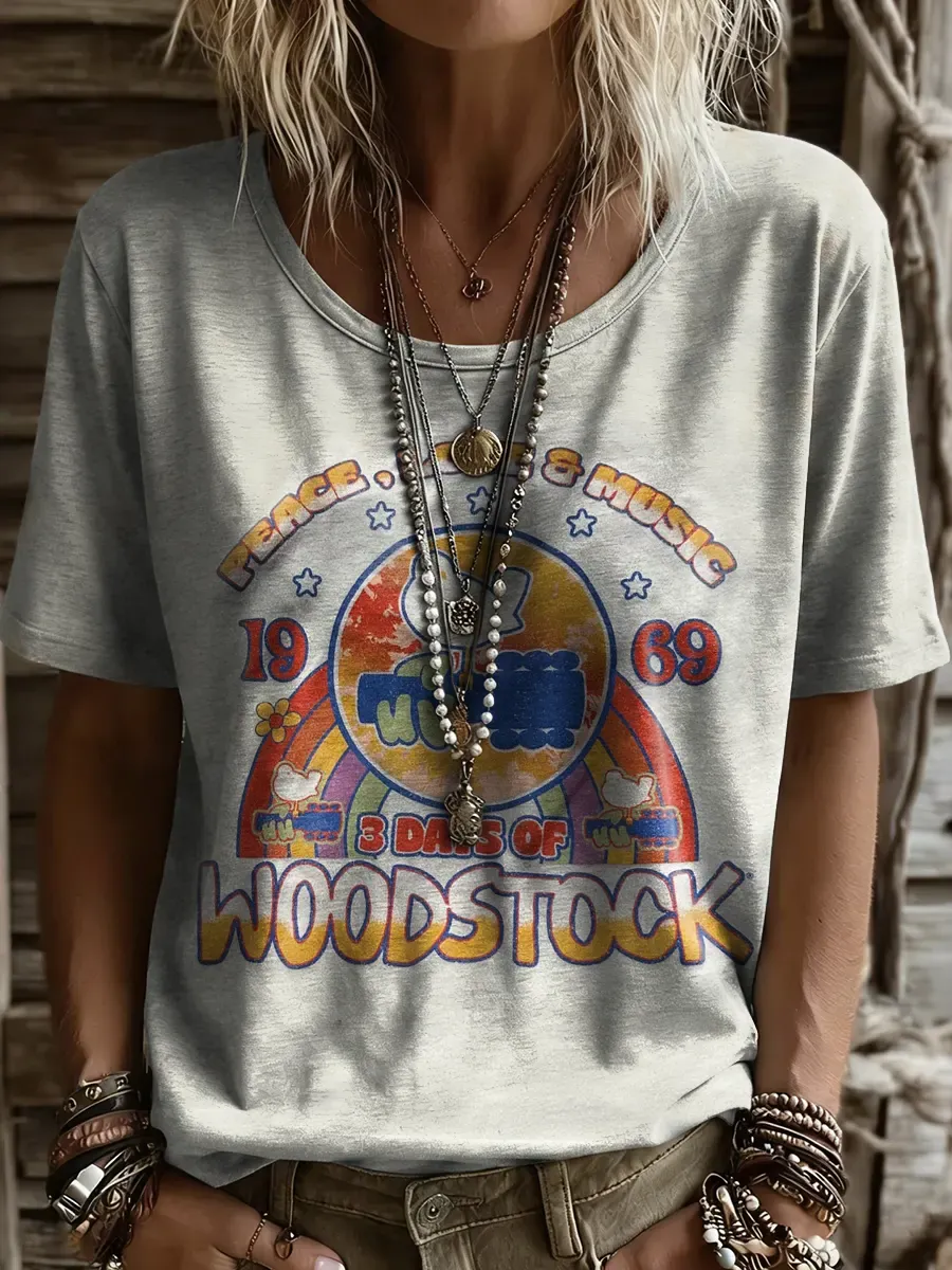 Women's Woodstock Art Print Casual Short-Sleeve Crew Neck Pure Cotton T-Shirt