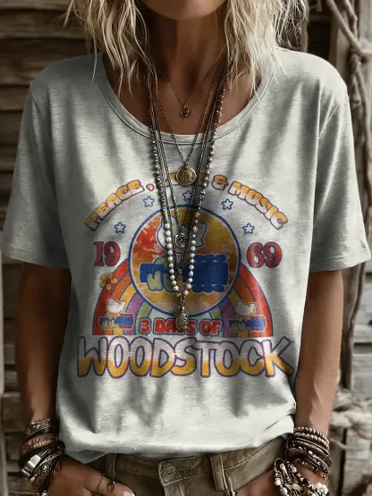 Women's Woodstock Art Print Casual Short-Sleeve Crew Neck Pure Cotton T-Shirt