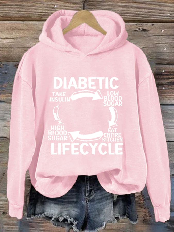 Women's Diabetic Life Cycle Diabetes Support Awareness Print Hoodie Long Sleeve Sweatshirt