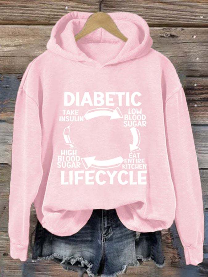 Women's Diabetic Life Cycle Diabetes Support Awareness Print Hoodie Long Sleeve Sweatshirt