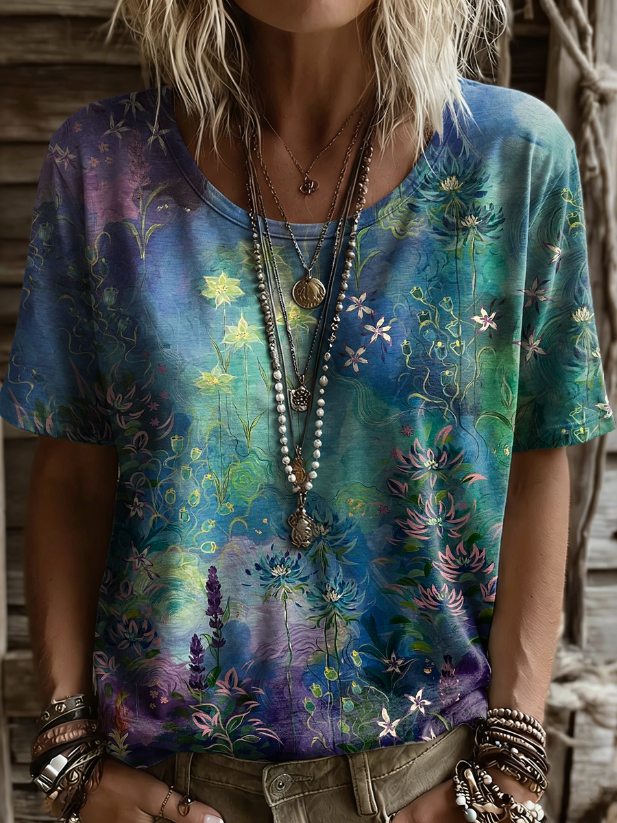 Women's Retro Colorful Floral Art Print Casual Short Sleeve Round Neck Cotton T-shirt