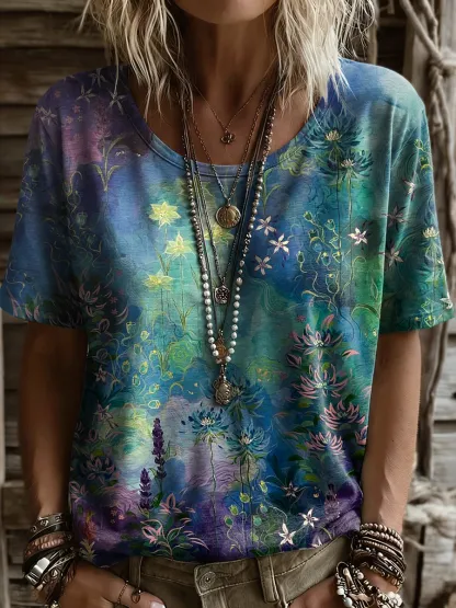 Women's Retro Colorful Floral Art Print Casual Short Sleeve Round Neck Cotton T-shirt