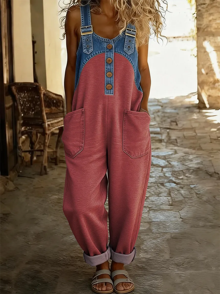 Women's Casual Washed Cotton Denim Patchwork Jumpsuit