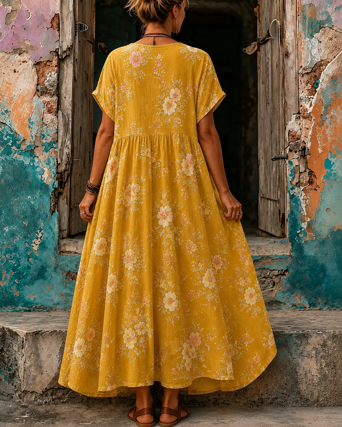 Women's Vacation Linen Boho Floral Print V-Neck Short Sleeve Maxi Dress