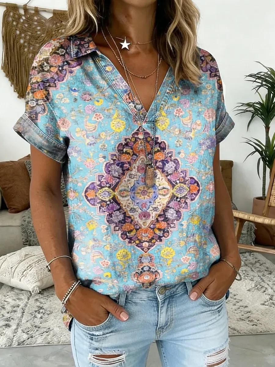 Women's Ethnic Art Print V-neck Short-sleeve Denim Shirt