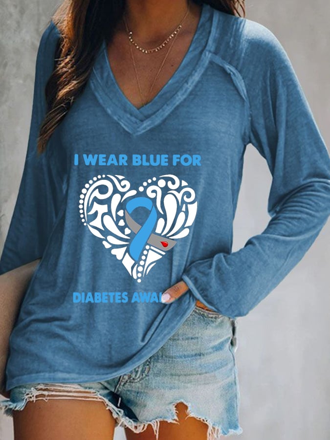 Women's I Wear Blue For Diabetes Awareness Print Long Sleeves Casual T-Shirt