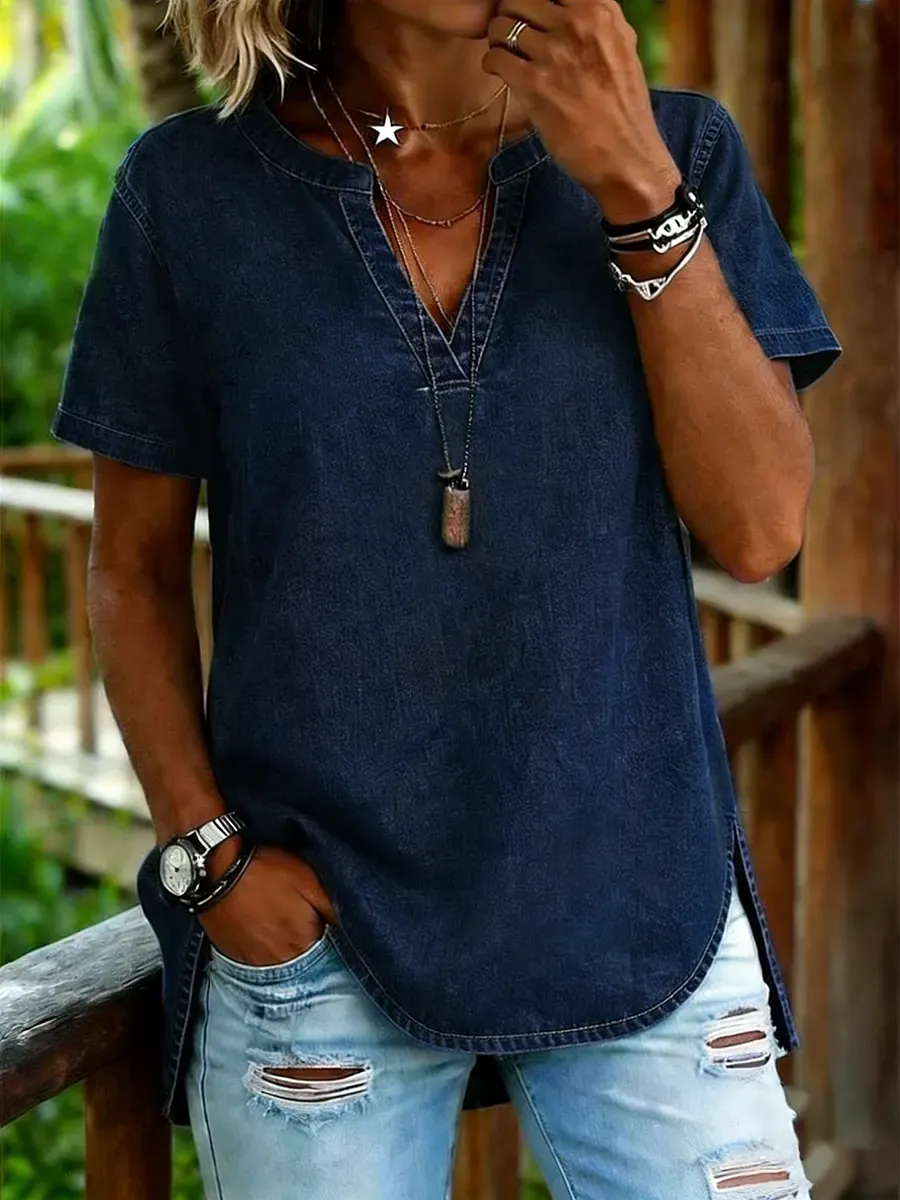 Women's Art Print Casual V-neck Short-sleeved Washed Cotton Denim Top