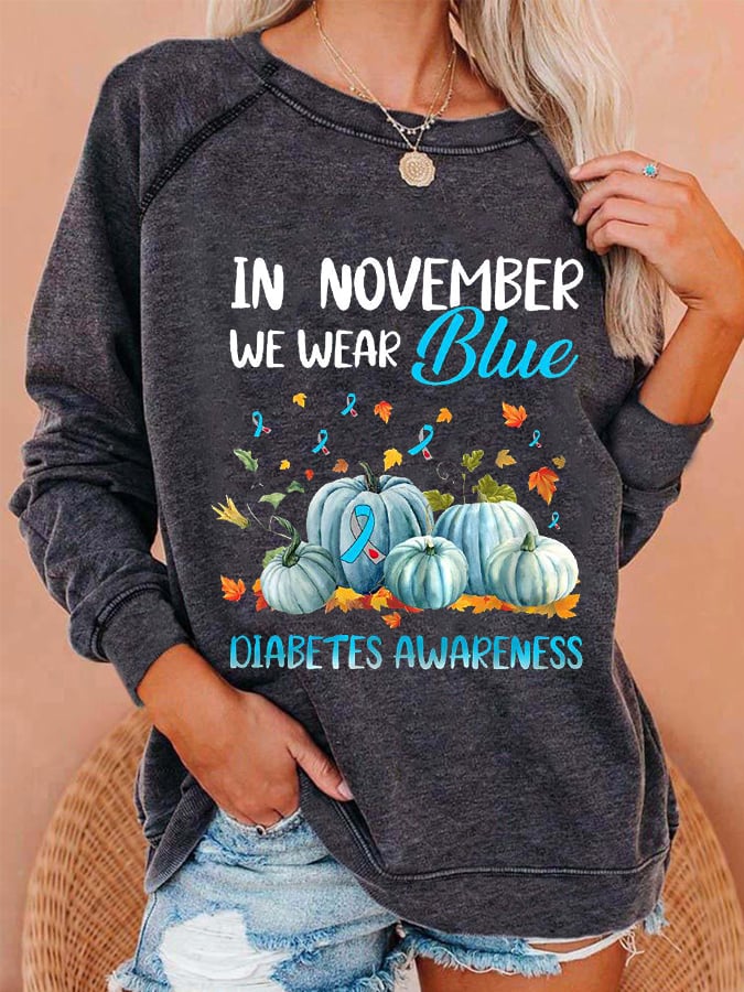 Women's In November We Wear Blue For Diabetes Awareness Pumpkin Print Casual Sweatshirts