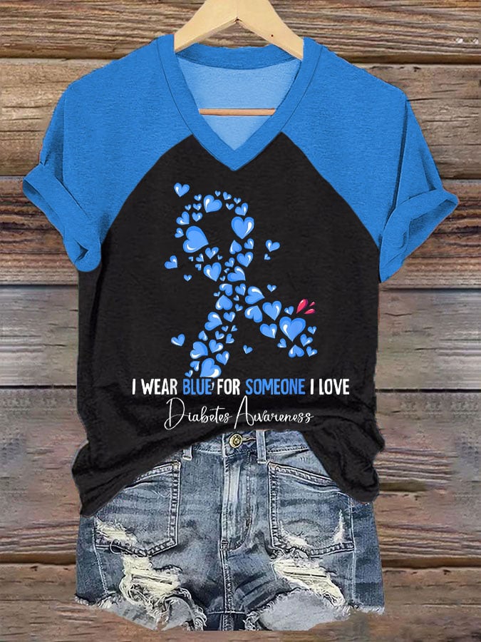 Women's I Wear Blue For Someone I Love Diabetes Awareness Print V-Neck T-Shirt