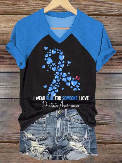 Women's I Wear Blue For Someone I Love Diabetes Awareness Print V-Neck T-Shirt