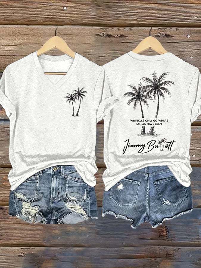 V Neck Retro Wrinkles Only Go Where Smiles Have Been Print T-Shirt