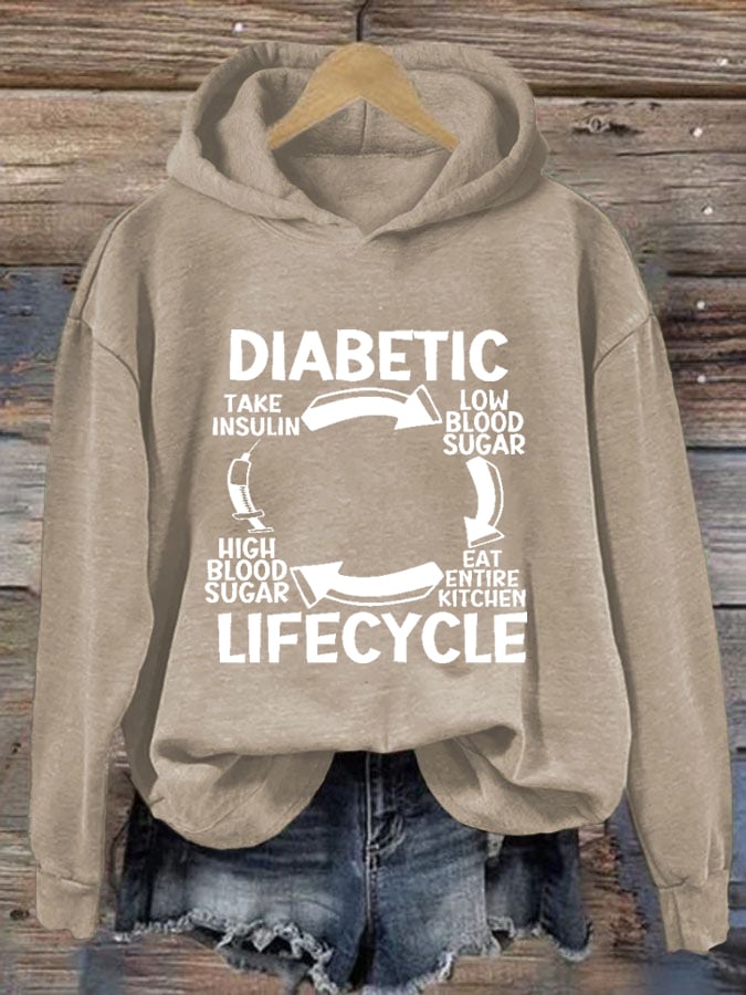 Women's Diabetic Life Cycle Diabetes Support Awareness Print Hoodie Long Sleeve Sweatshirt