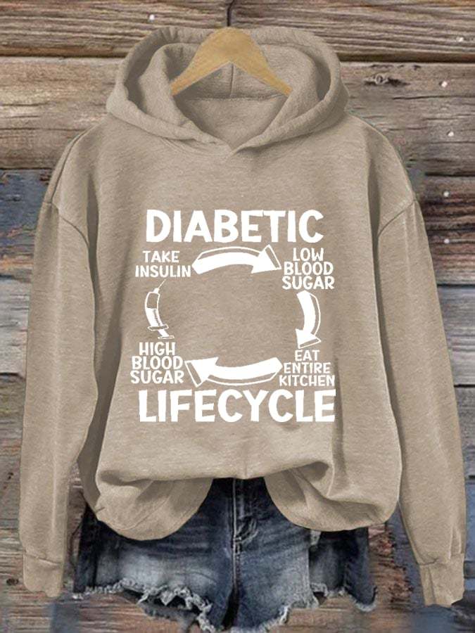 Women's Diabetic Life Cycle Diabetes Support Awareness Print Hoodie Long Sleeve Sweatshirt