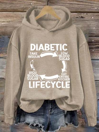 Women's Diabetic Life Cycle Diabetes Support Awareness Print Hoodie Long Sleeve Sweatshirt