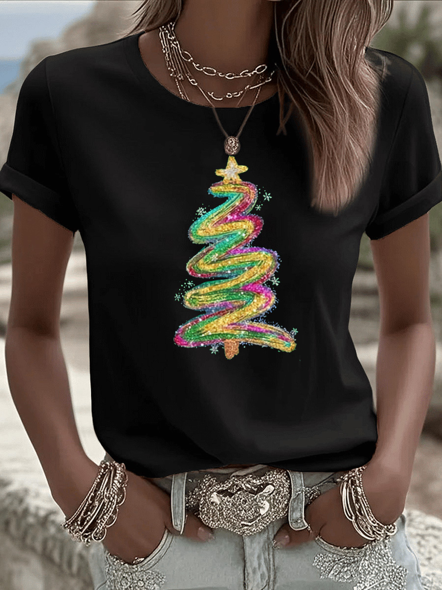 Christmas Tree Pattern  Round-Neck 100% Cotton 180g T-Shirt