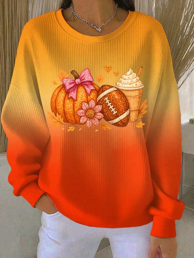 Women's Thanksgiving Pumpkin Football Print Pocketless Sweatshirt