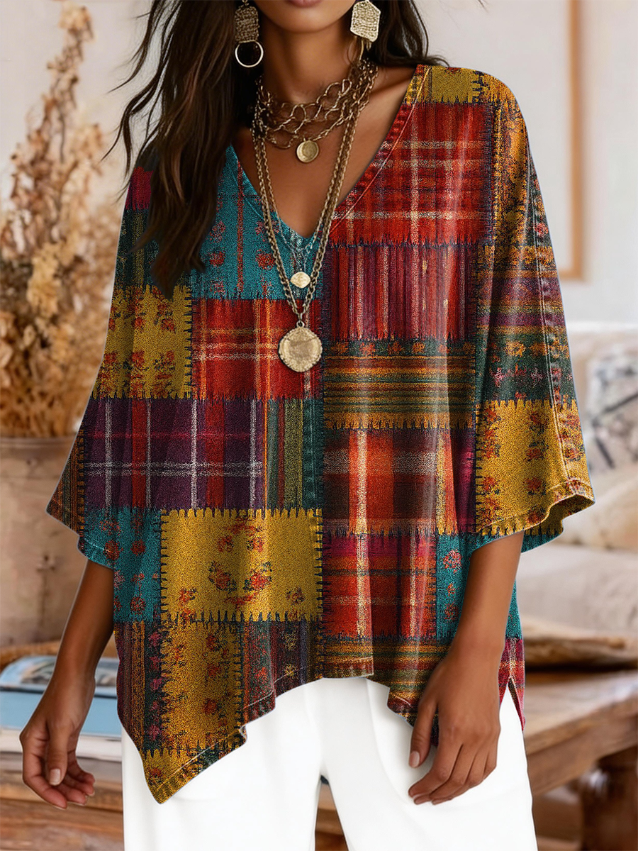 Women's Retro Ethnic Plaid Art Print Casual V-neck Washed Cotton Denim Top