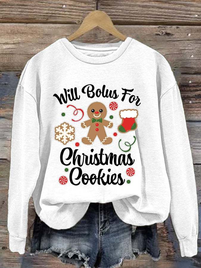 Women's Type 1 Diabetes Will Bolus For Christmas Cookies Gingerbread Man Print Long Sleeve Sweatshirt