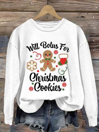 Women's Type 1 Diabetes Will Bolus For Christmas Cookies Gingerbread Man Print Long Sleeve Sweatshirt