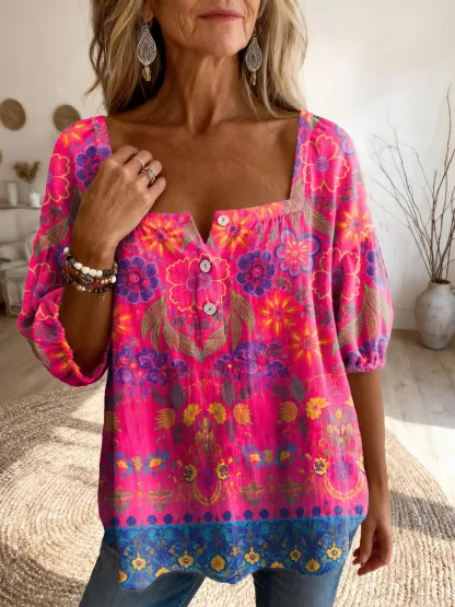 Women's Vintage-Style Floral Art Print Casual Square-Neck Top