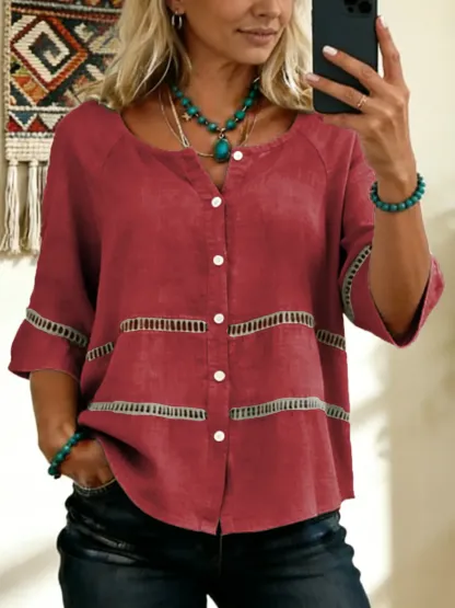Women's Tie-front Button-up Cotton-linen Blend Short-sleeve Shirt