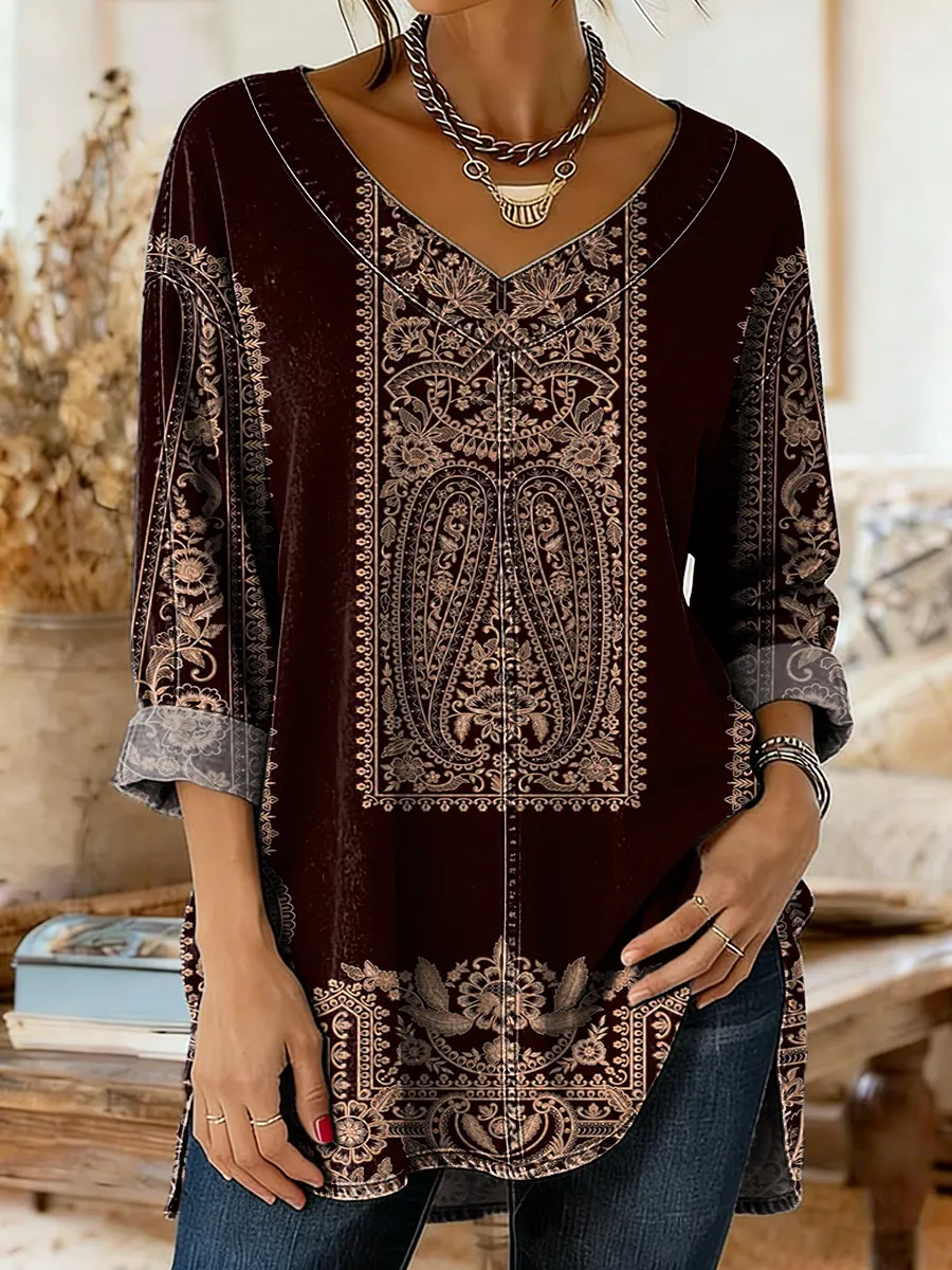 Women's Vintage Floral Print Artistic Washed Denim Cotton Shirt