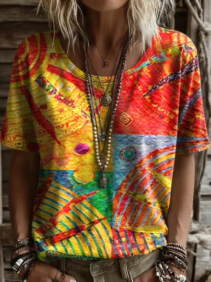 Women's Retro Colorful Sun Art Print Casual Short Sleeve Crew Neck Cotton T-shirt