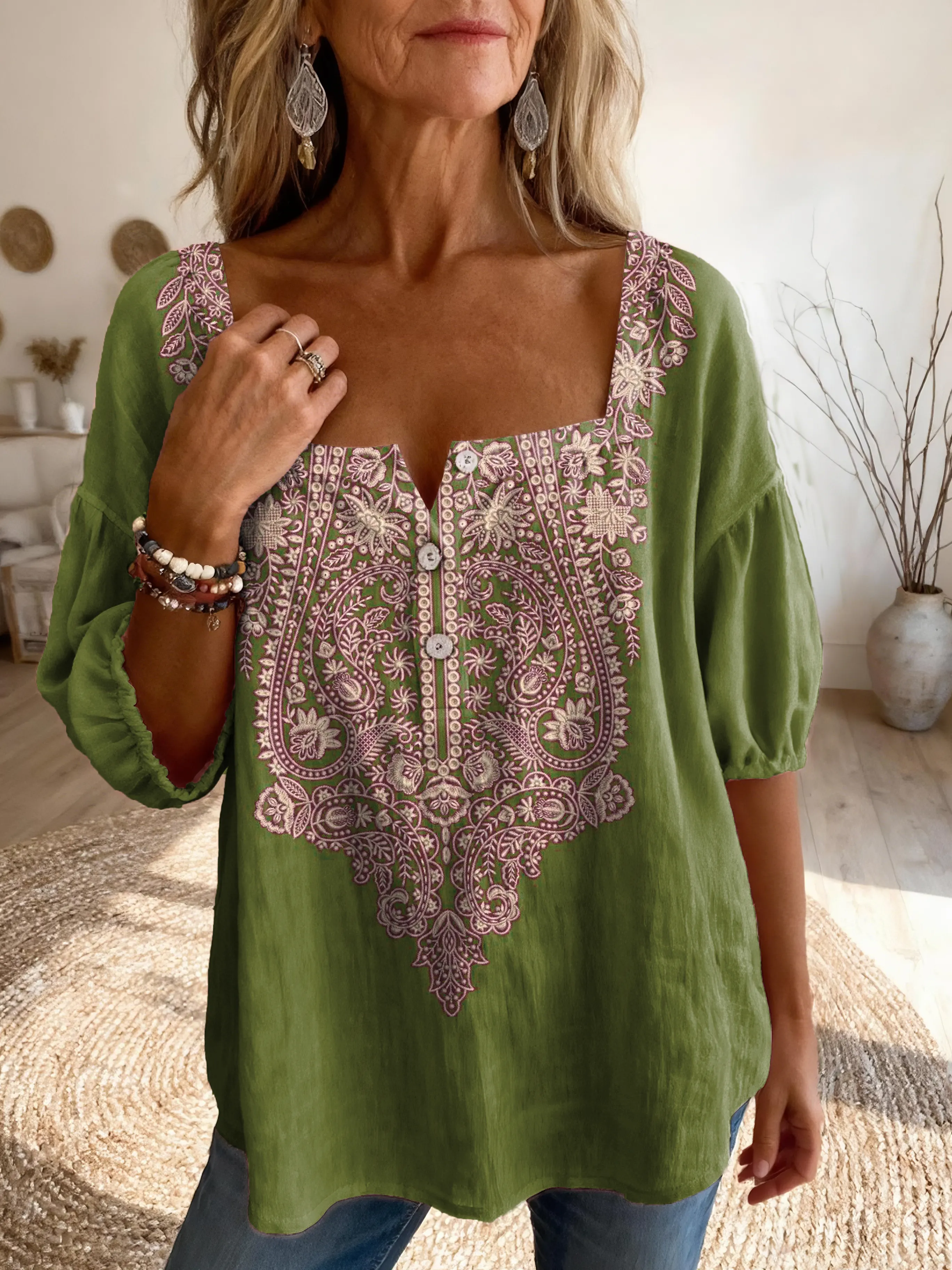 Ethnicity Geometry Totem Women's Vintage Art Print Casual Square-neck Top