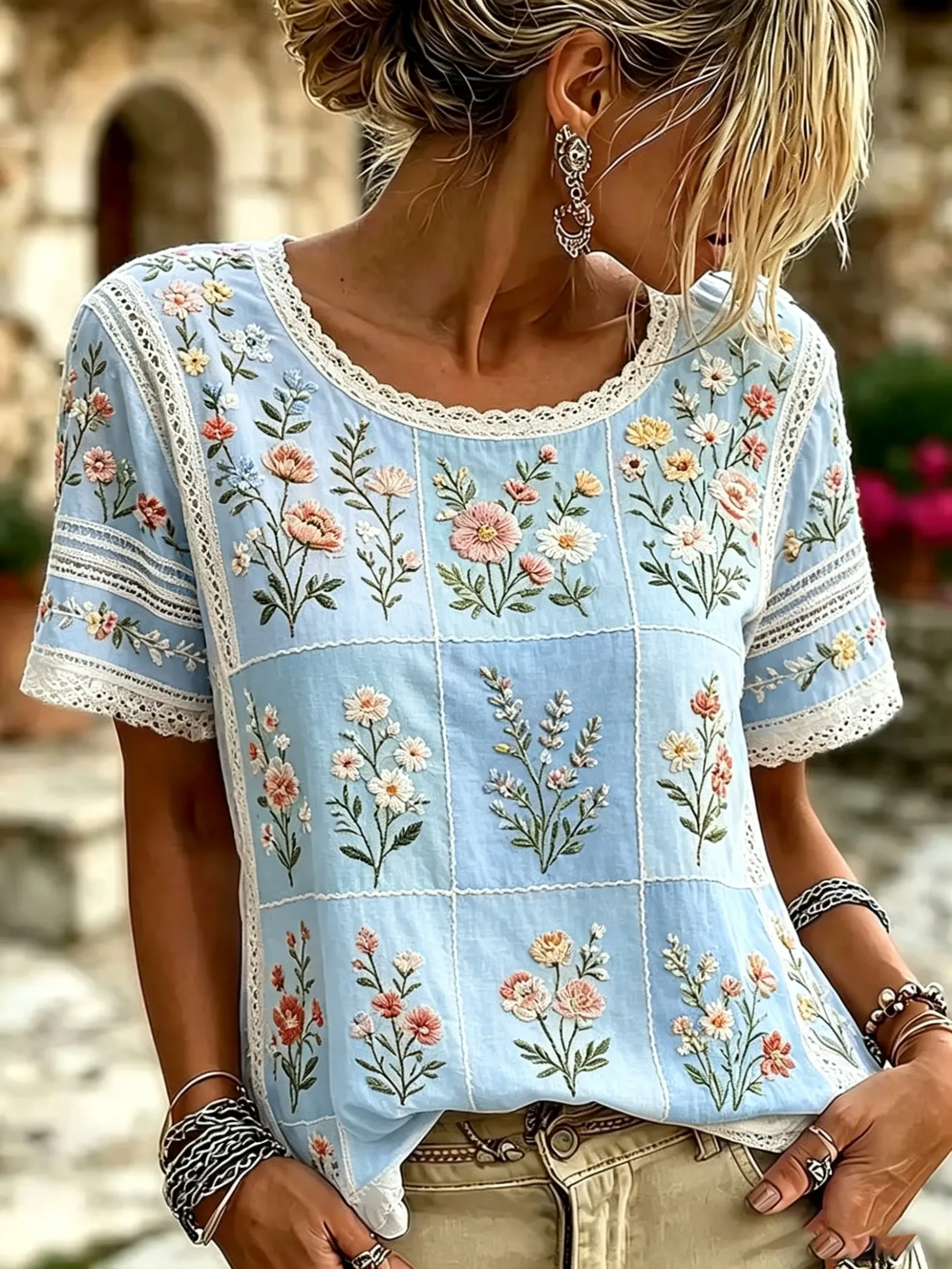 Women's Patchwork Floral Print Cotton Short Sleeve Blouse