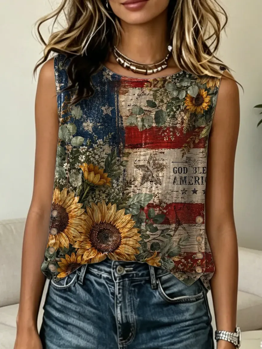 Women's Independence Day Sunflower Print Casual Button-down Tank Top