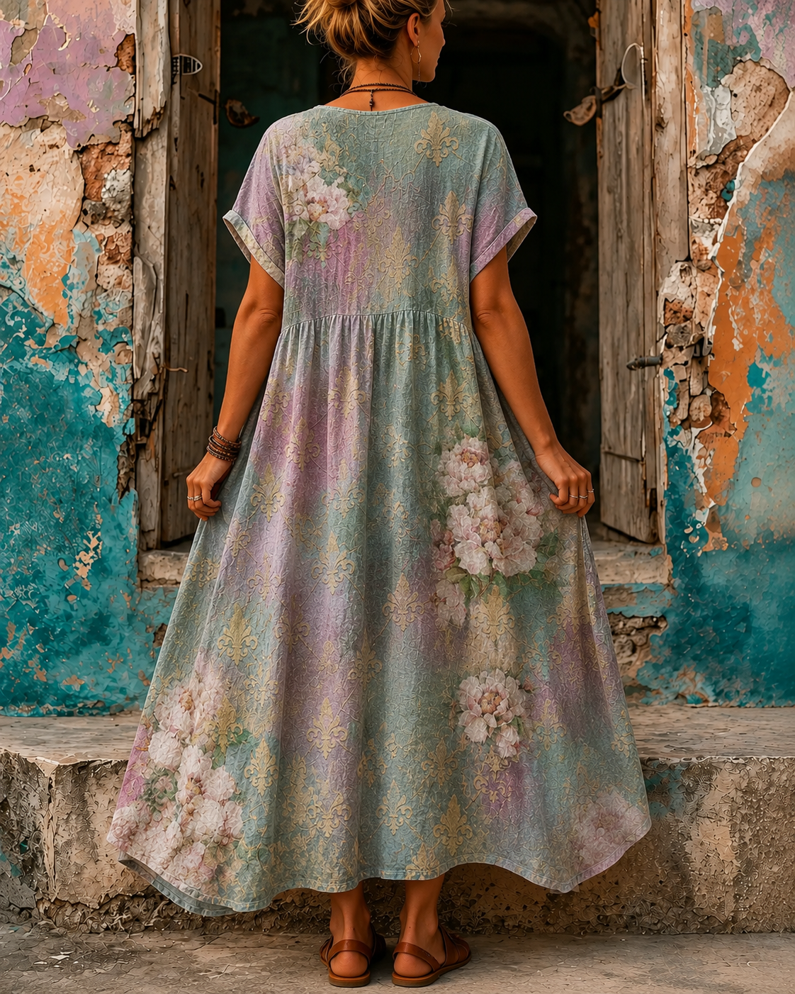 Women's Vacation Linen Boho Floral Print V-Neck Short Sleeve Maxi Dress