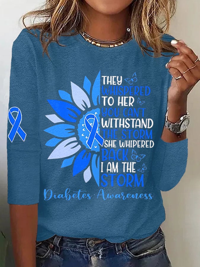 Retro Diabetes Awareness She Whispered Back I Am The Storm Sunflower Blue Ribbon Print T-Shirt
