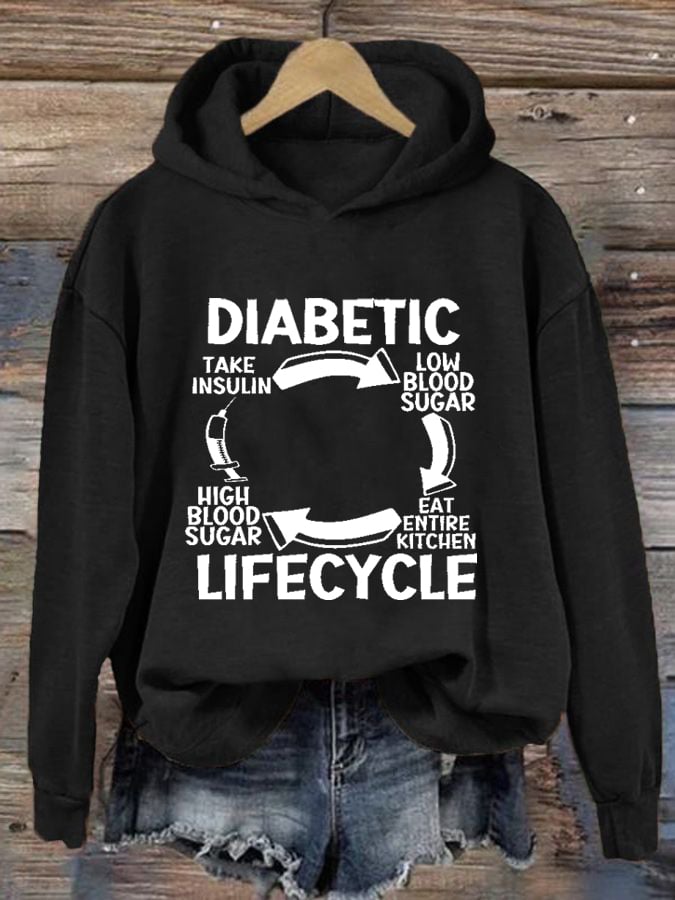 Women's Diabetic Life Cycle Diabetes Support Awareness Print Hoodie Long Sleeve Sweatshirt