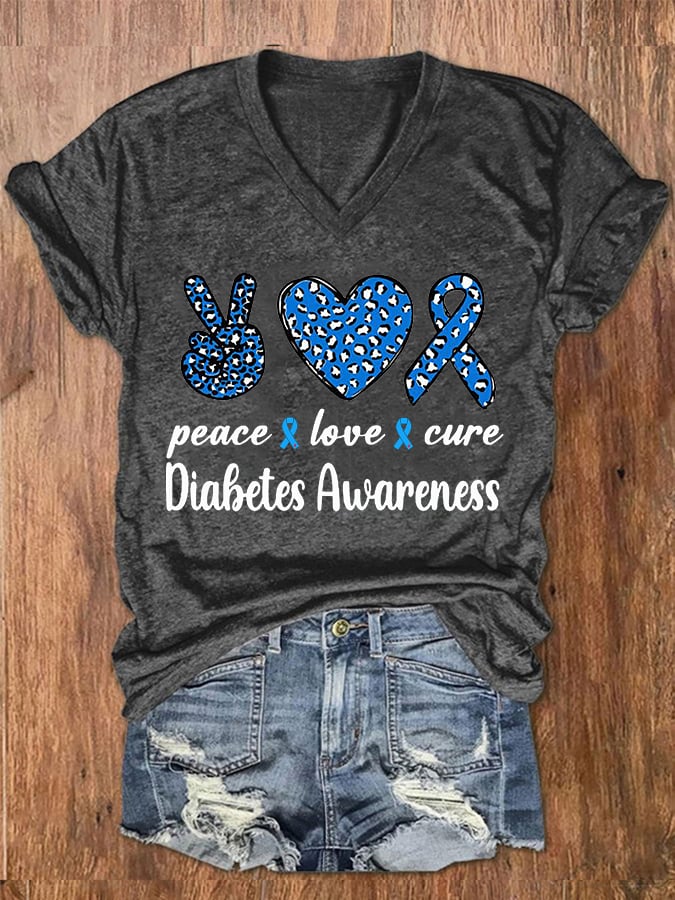 Women's Peace Love Cure Diabetes Awareness V-Neck Tee