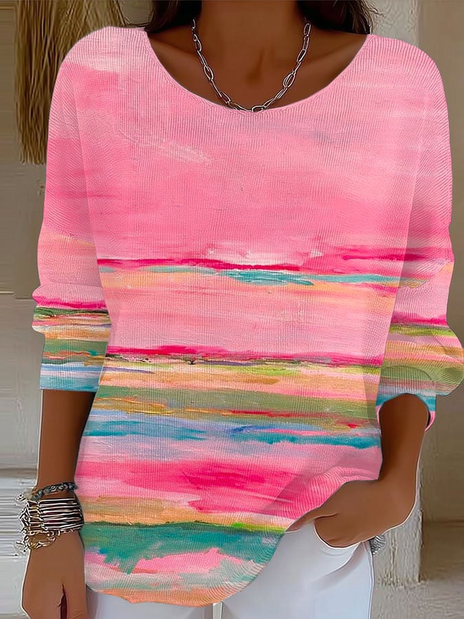 Women's Retro Pink Floral Gradient Art Print Sweater