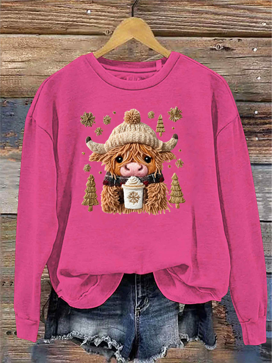 Women's Christmas Cow Knitting Crochet Pattern Neck Sweatshirt