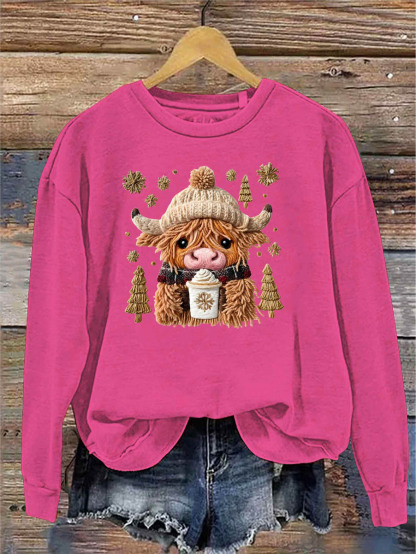 Women's Christmas Cow Knitting Crochet Pattern Neck Sweatshirt