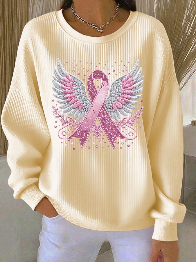 Women's Casual Pink Ribbon Wings Textured Sweatshirt