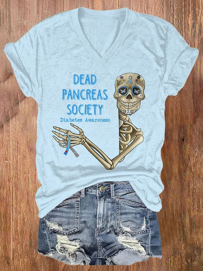 V-neck Diabetes Awareness Dead Pancreas Society Print T-Shirt