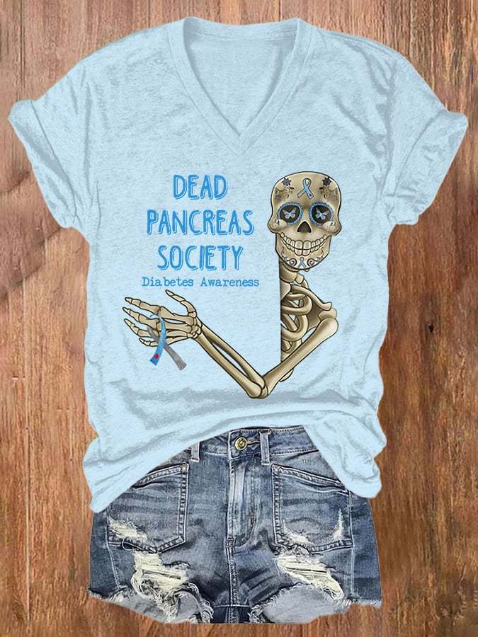 V-neck Diabetes Awareness Dead Pancreas Society Print T-Shirt