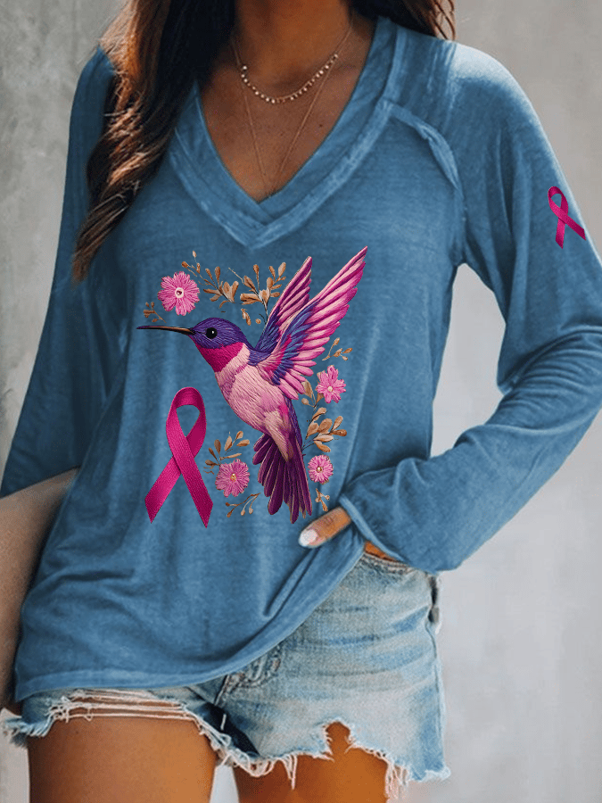 Women's Breast Cancer Awareness Hummingbird Print V Neck T-Shirt