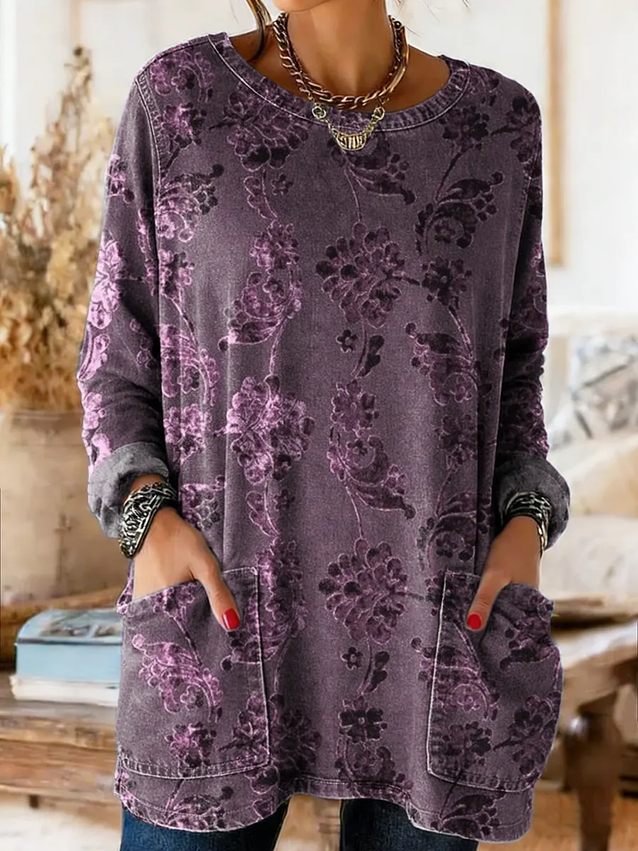 Ethnicity Geometry Flowers Texture Women's Casual Long-sleeve Crew Neck Pocket Washed Cotton Denim T-shirt