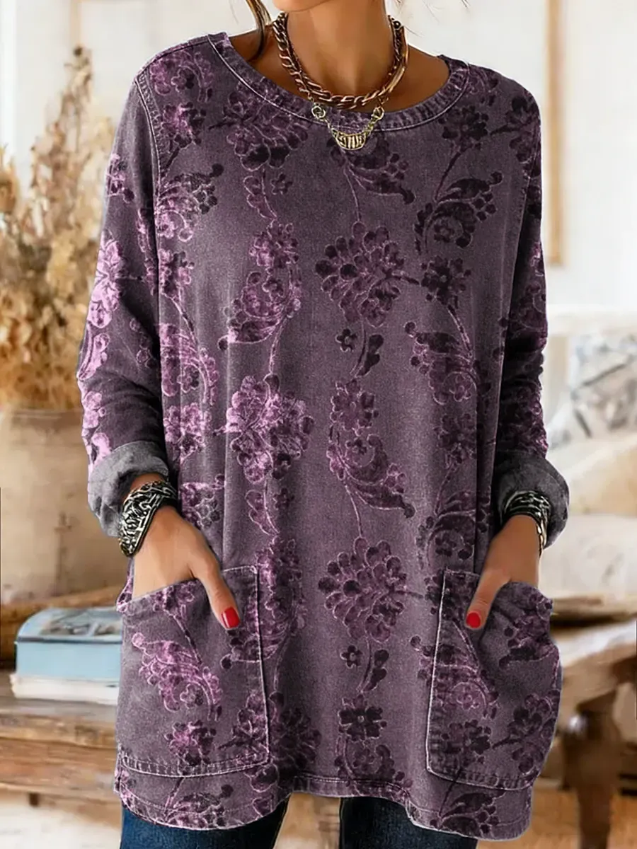 Ethnicity Geometry Flowers Texture Women's Casual Long-sleeve Crew Nec