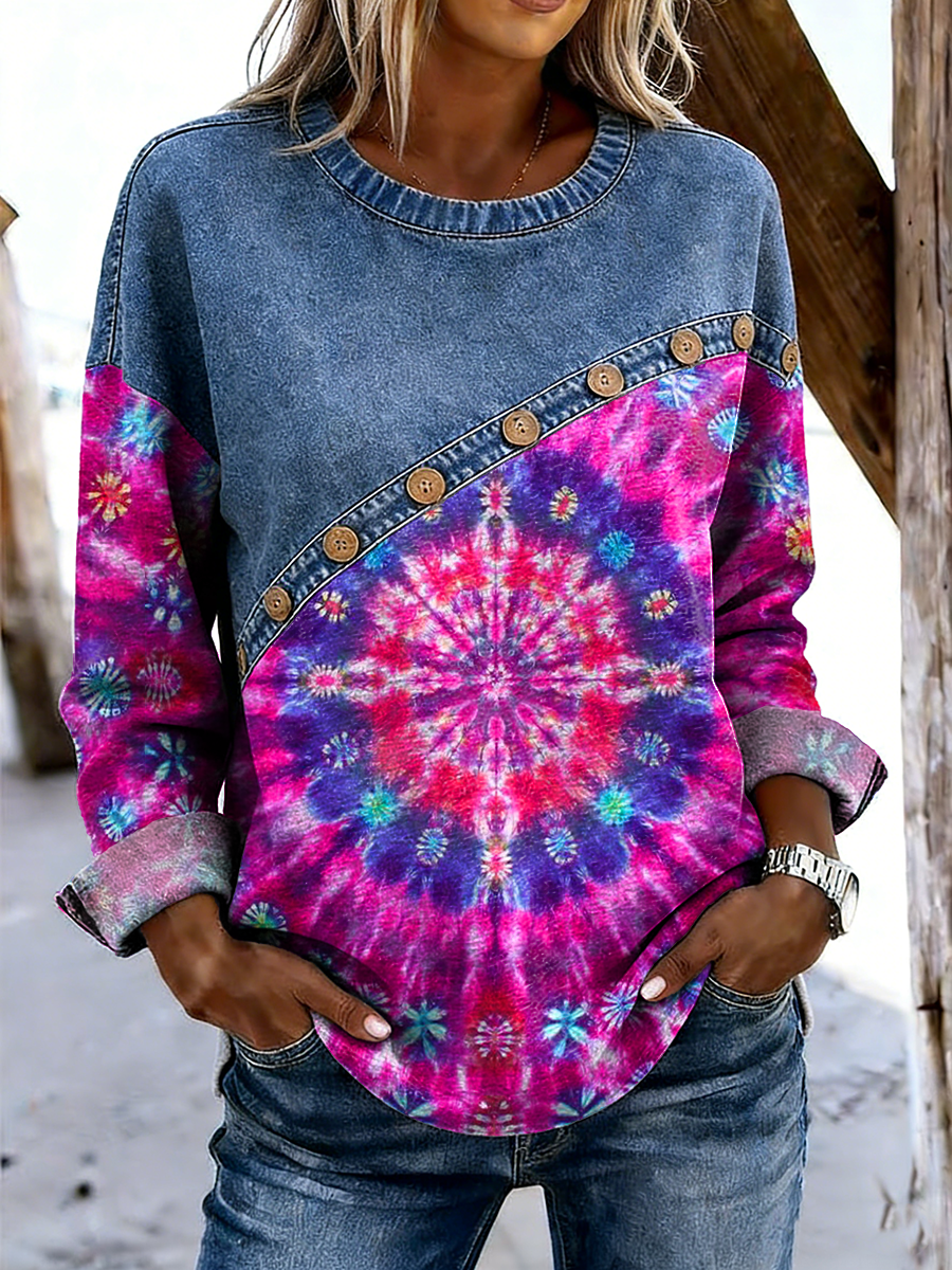 Women's Colorful Gradient Art Print Casual Long-sleeved Round Neck Denim Patchwork Top