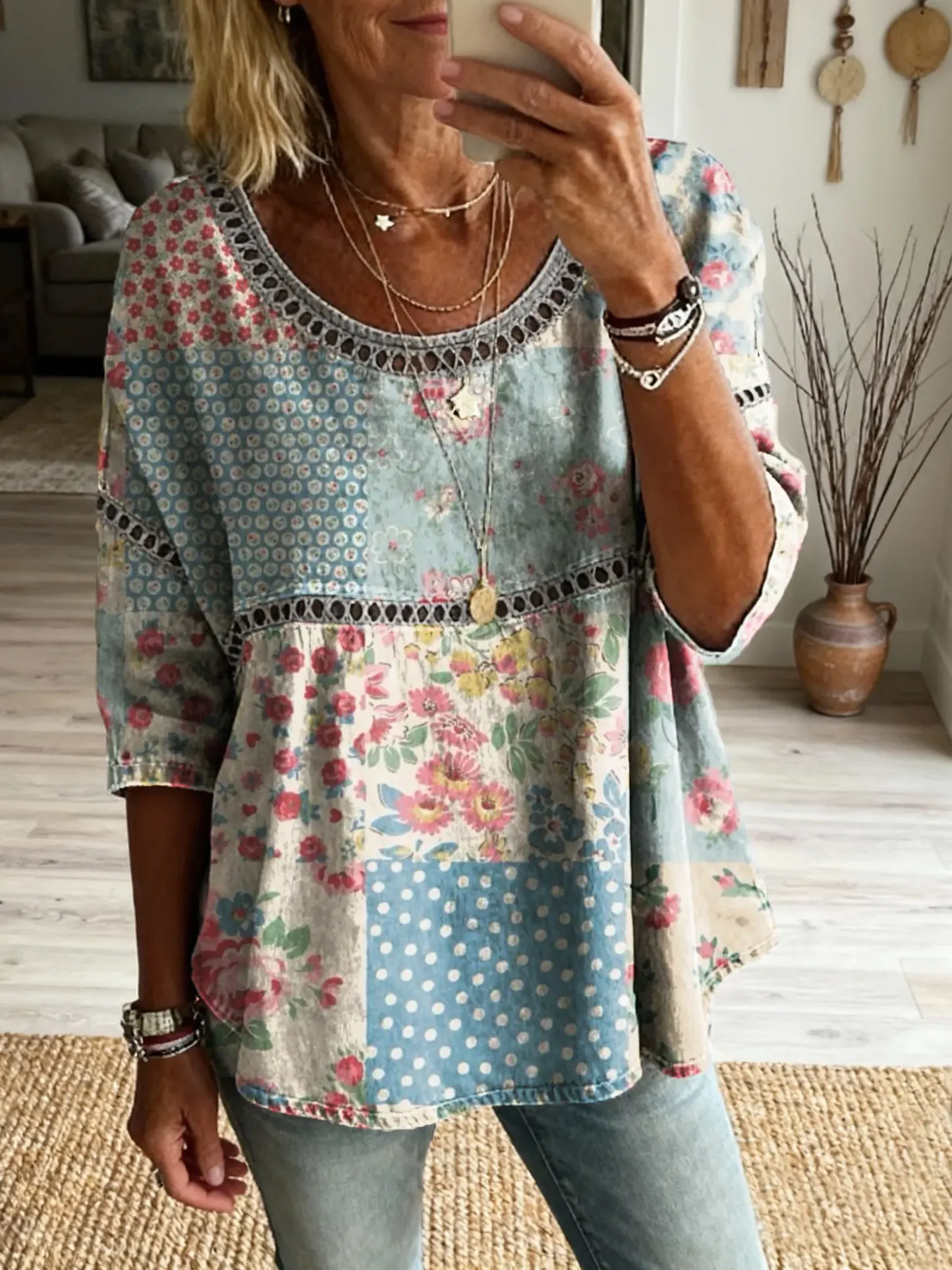 Women's Vintage Patchwork Floral Art Print Casual Round Neck Cutout Top