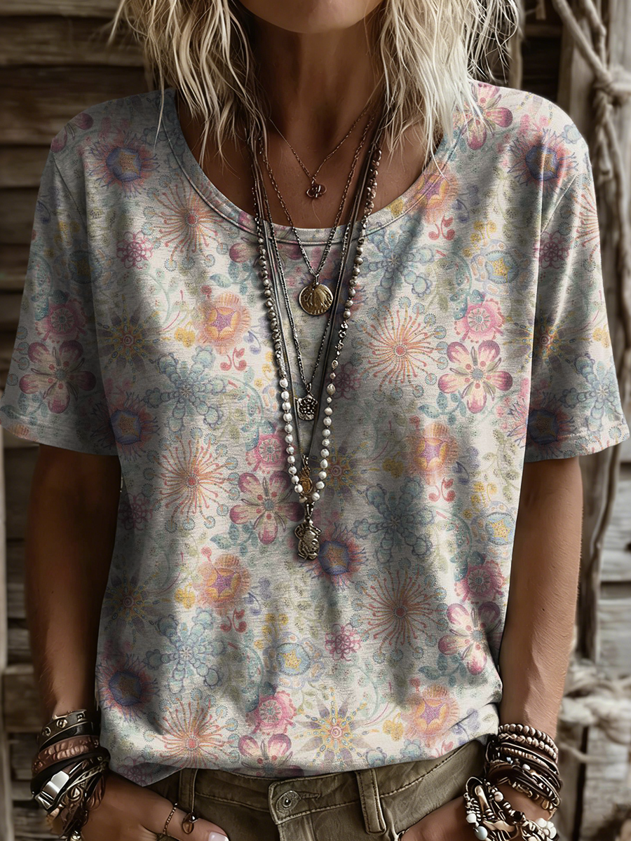 Women's Retro Ethnic Floral Art Print Casual Short-sleeve Round Neck Cotton T-shirt