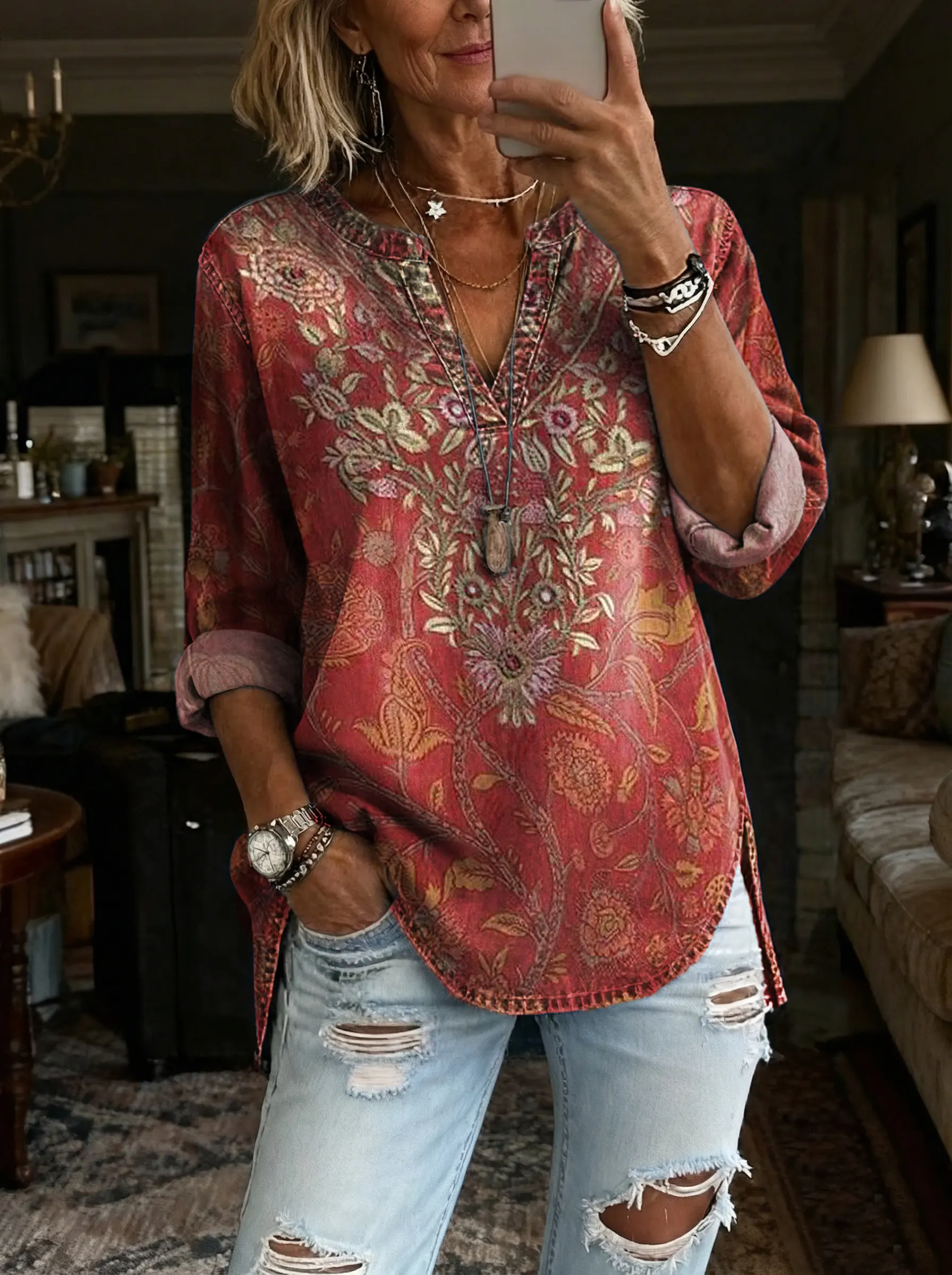 Women's Bohemian Ethnic Floral Tattoo Art Print Casual Long-Sleeve V-Neck Washed Cotton Denim Top