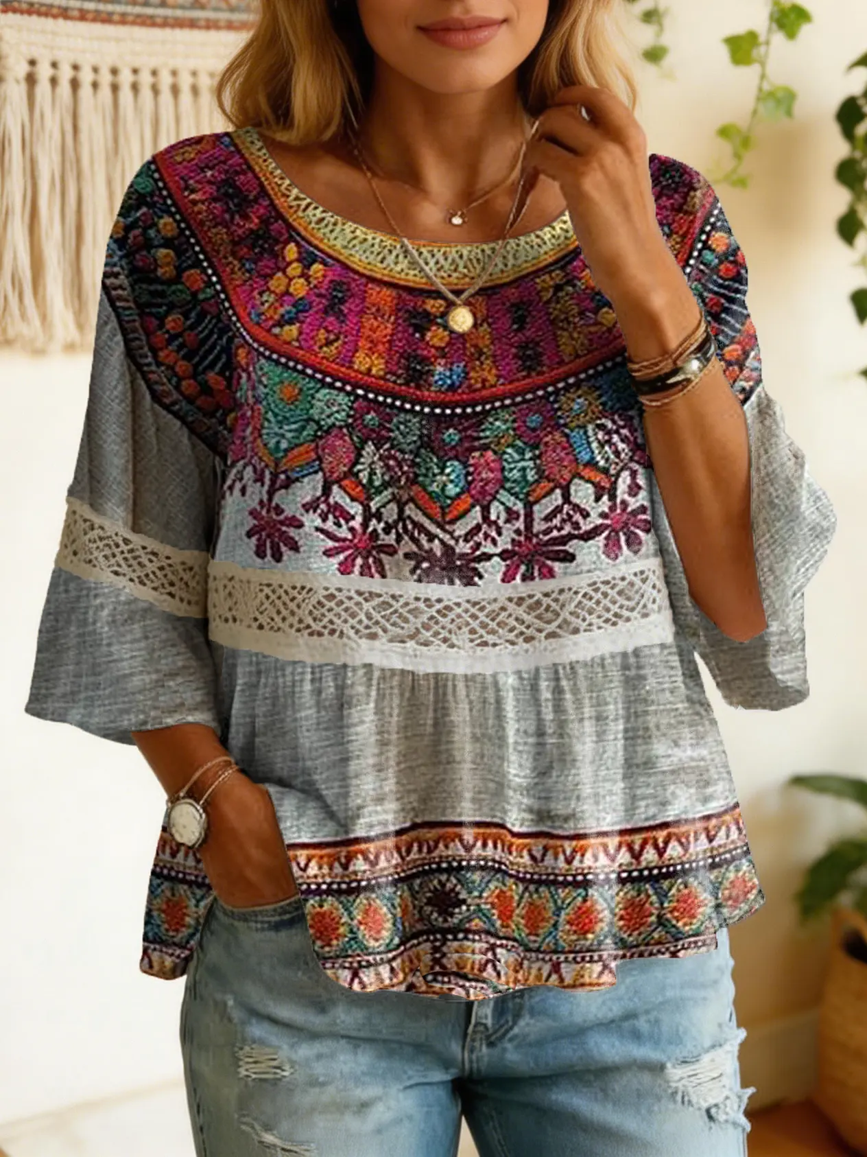 Women's Vintage Floral Print Artistic Lace-trimmed Cotton-linen Round-neck Short-sleeve Top