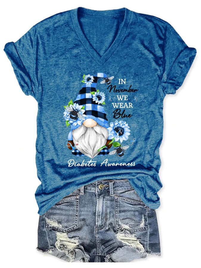 V-neck Diabetes Awarenes In November We Wear Blue Gnome Sunflower Print T-Shirt